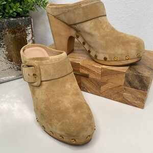 Veronica Beard Dacey‎ Suede Clog Mules Block Heel Gold Studded Buckle Strap  5.5